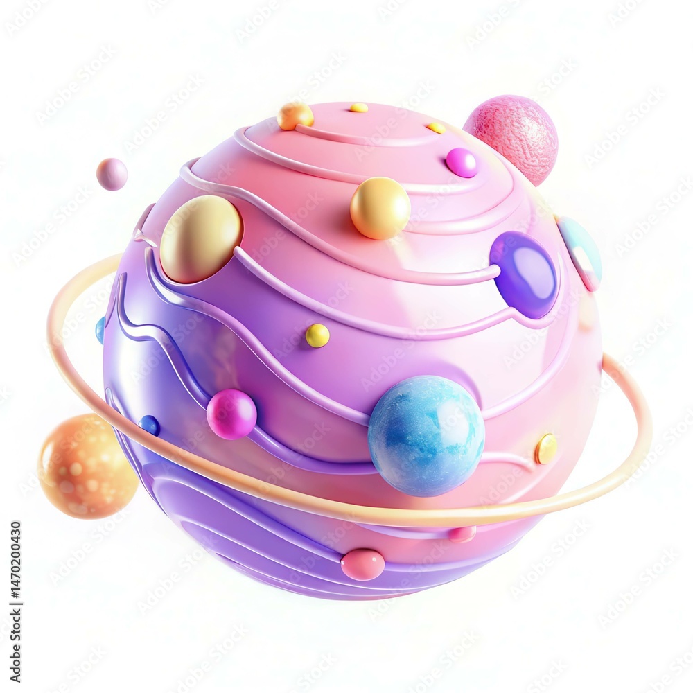 Poster a colorful abstract representation of a planet with various spheres in a whimsical design.