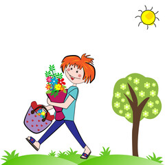 Paisaje con niña feliz llevando un ramo de flores y cesta.