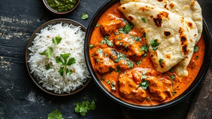 Aromatic chicken curry served with rice and naan.  A flavorful dish featuring tender chicken in a rich, creamy sauce, alongside fluffy rice and warm, crispy naan bread