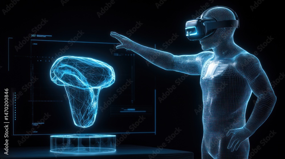 Poster a futuristic person wearing a virtual reality headset interacting with display