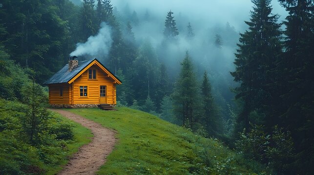 Cozy cabin nestled in a misty forest landscape