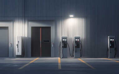 Photorealistic 3D visualization of a logistics facility using renewable energy, in the context of sustainable transportation operations, featuring electric vans and rooftop solar panels