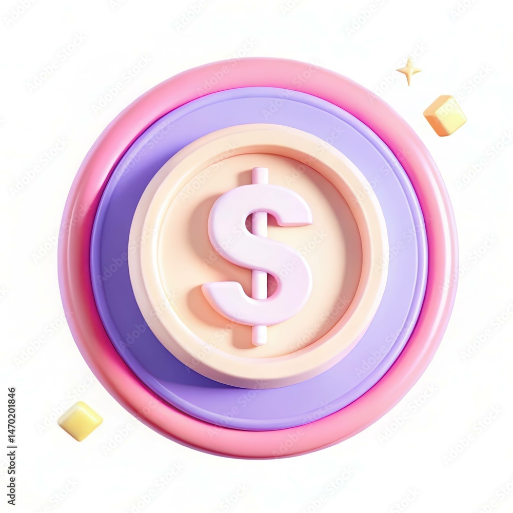 Poster a stylized 3d representation of a dollar symbol surrounded by colorful circular shapes against a cle