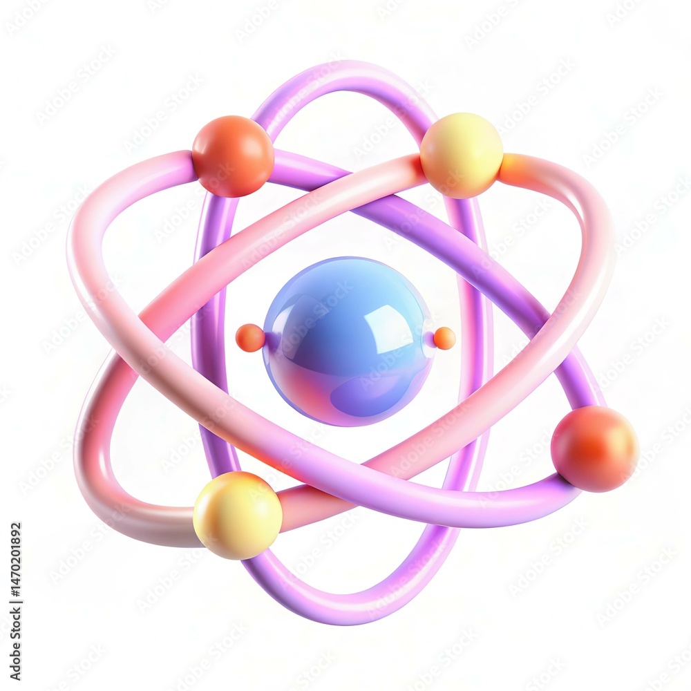 Poster a colorful atomic model with orbiting electrons and a central nucleus in a modern design.