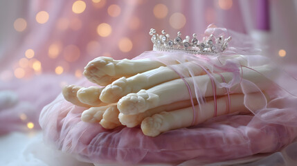 A playful and whimsical arrangement of white asparagus spears adorned with a tiara and pink tulle, styled like royalty on a cushion.