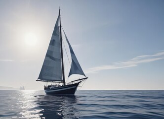 Classic blue and white nautical stripes, sailboat silhouette ,  ocean,  white background