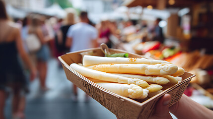 Fresh white asparagus displayed in a biodegradable cardboard tray held up at a bustling outdoor market, capturing a seasonal harvest moment.