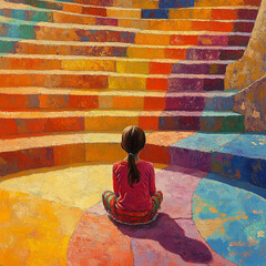 Child sits facing colorful amphitheater steps