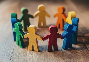 Colorful wooden human figurines holding hands in circle on wooden surface.