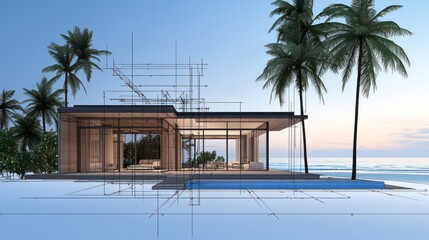A modern beach house design presented in architectural blueprint form