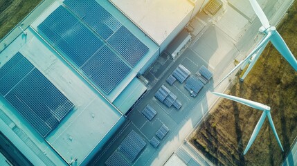 Photorealistic aerial visualization of a solar- and wind-powered industrial facility, in the context of clean energy infrastructure, featuring large turbines and clean architectural lines
