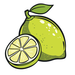 Fresh Green Lime With Leaf And Slice Illustration Cartoon Style