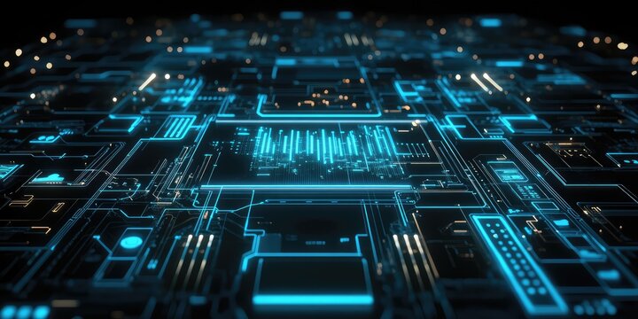 Futuristic digital circuitry glowing with blue light