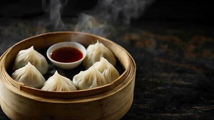 Fototapeta premium Close up of Xiaolongbao dumpling served steaming hot bamboo basket dipping sauce dark wooden table black textured background representing famous Chinese street food Shanghai cut out isolated
