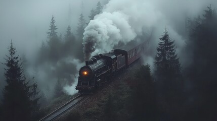 Steam train through misty mountains