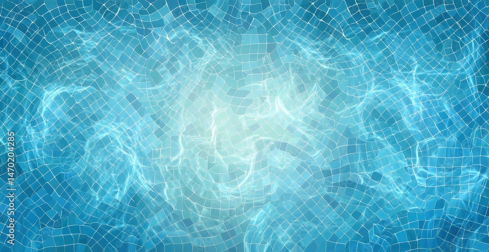 Poster abstract blue mosaic pattern resembling water reflections with a bright center and wavy grid lines c