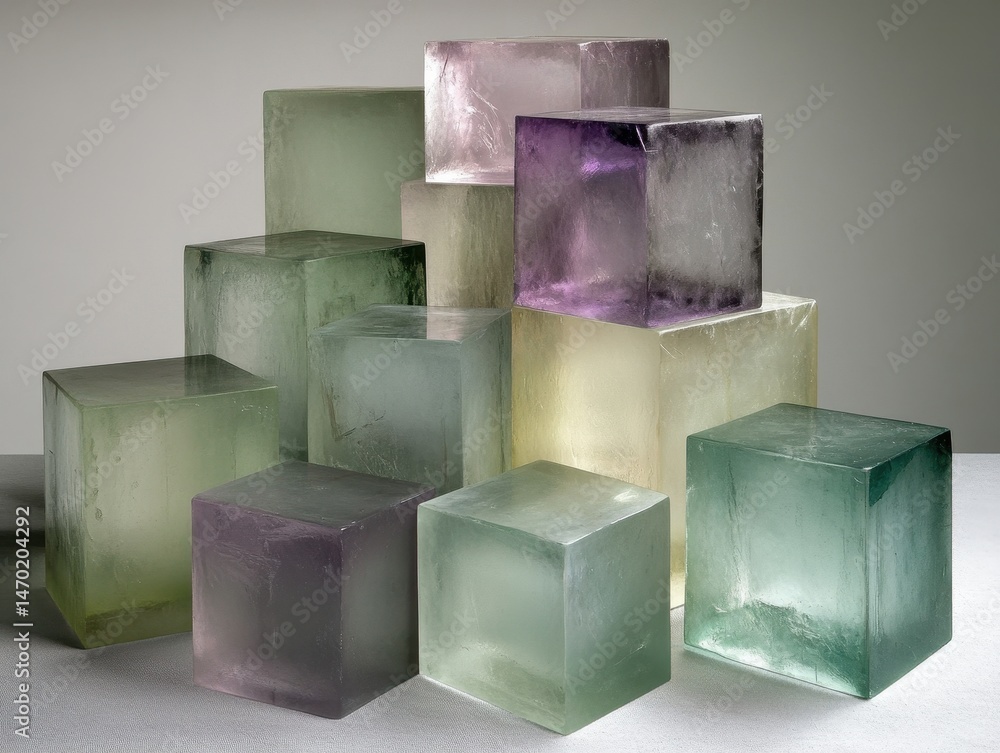 Poster colorful translucent cubic forms stacked against neutral background creating geometric arrangement