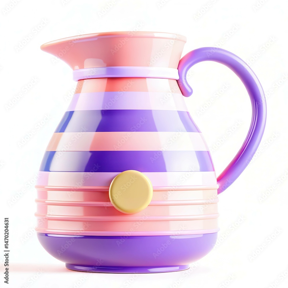 Poster a colorful striped pitcher with a handle and a round button, showcasing modern design elements.