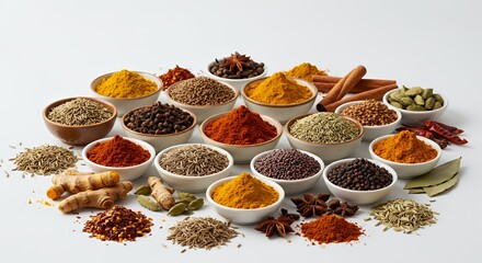 Assorted Colorful Spices in Bowls and Piles on a White Backdrop High Quality Professional Studio Shot
