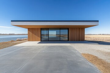 Modern house exterior, light-colored wood siding, large windows overlooking a lake,  concrete driveway