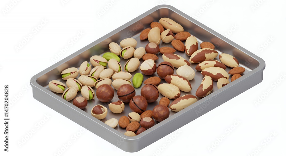 Poster assorted nuts on silver tray isometric 3d rendering isolated on white background featuring pistachio