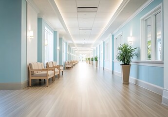 Fototapeta premium A long hospital corridor with light-blue walls, white trims, wooden-framed artworks, rows of chairs, potted plants, and square ceiling lights.