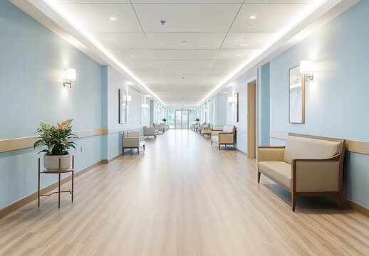 A long hospital corridor with light-blue walls, white trims, wooden-framed artworks, rows of chairs, potted plants, and square ceiling lights.