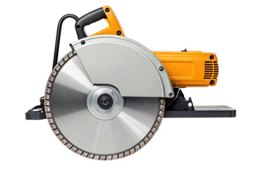 Fototapeta premium Yellow and black electric circular saw with the large blade isolated with transparent background