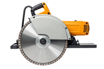Yellow and black electric circular saw with the large blade isolated with transparent background