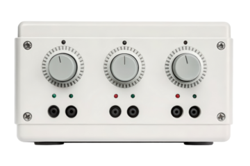 White audio interface with three control knobs and input jacks isolated with transparent background