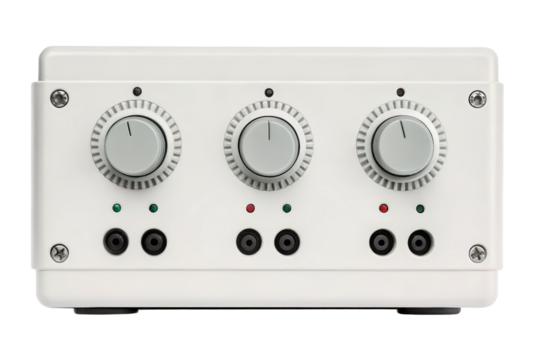 White audio interface with three control knobs and input jacks isolated with transparent background