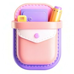A colorful modern pouch filled with stationery items like pens and cards, showcasing a playful design.