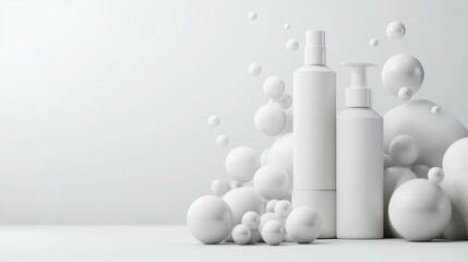 White Cosmetic Bottles and Spheres on White Background