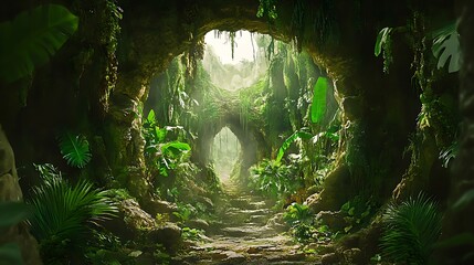 Obraz premium Lush archway path surrounded by green foliage and natural light
