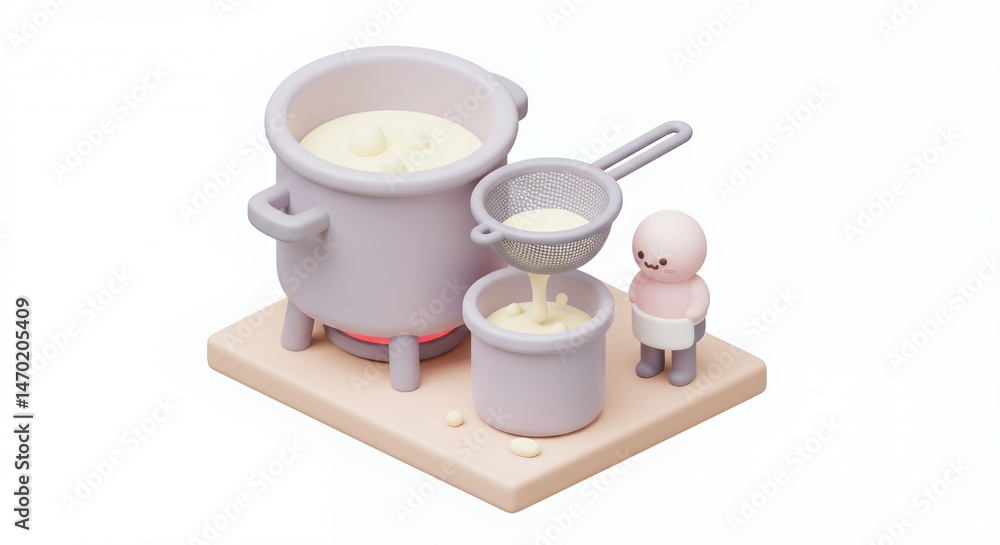 Poster cartoonish 3d rendering of whey draining in pastel colors isometric view isolated on white backgroun