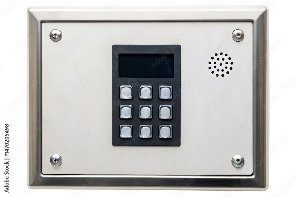 Poster silver metal security intercom with the small screen and speaker isolated with transparent backgroun