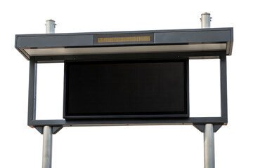 Outdoor digital information kiosk with blank black screen and LED ticker isolated with transparent background