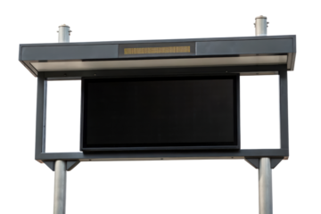 Outdoor digital information kiosk with blank black screen and LED ticker isolated with transparent background