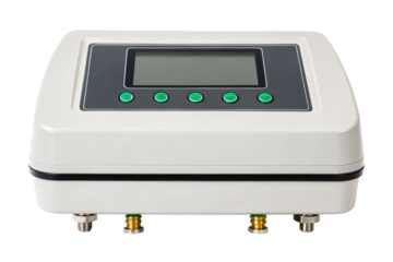 White electronic control panel with LCD display and green buttons isolated with transparent background