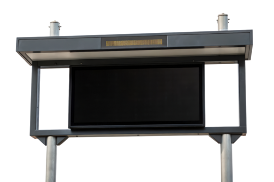 Outdoor digital information kiosk with blank black screen and LED ticker isolated with transparent background