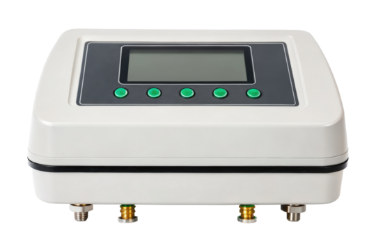 White electronic control panel with LCD display and green buttons isolated with transparent background