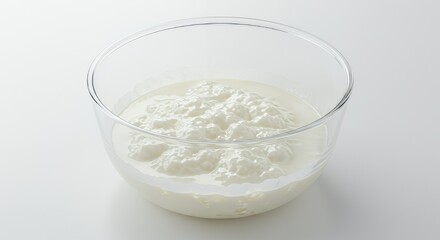 Close Up of White Curdled Milk in Clear Glass Bowl Isolated on White Background Bright Studio Shot