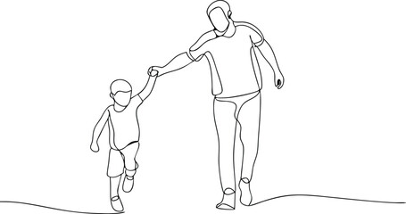 Continuous one line drawing of dad and son walking together, minimalist single line art illustration for Father's Day concept

