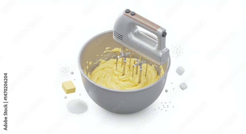 Poster creaming butter and sugar with hand mixer in isometric 3d rendering isolated on white background fea