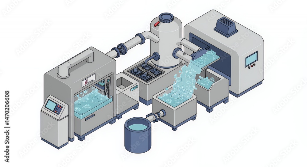 Poster degreasing process in isometric 3d rendering on a white background featuring gray industrial machine