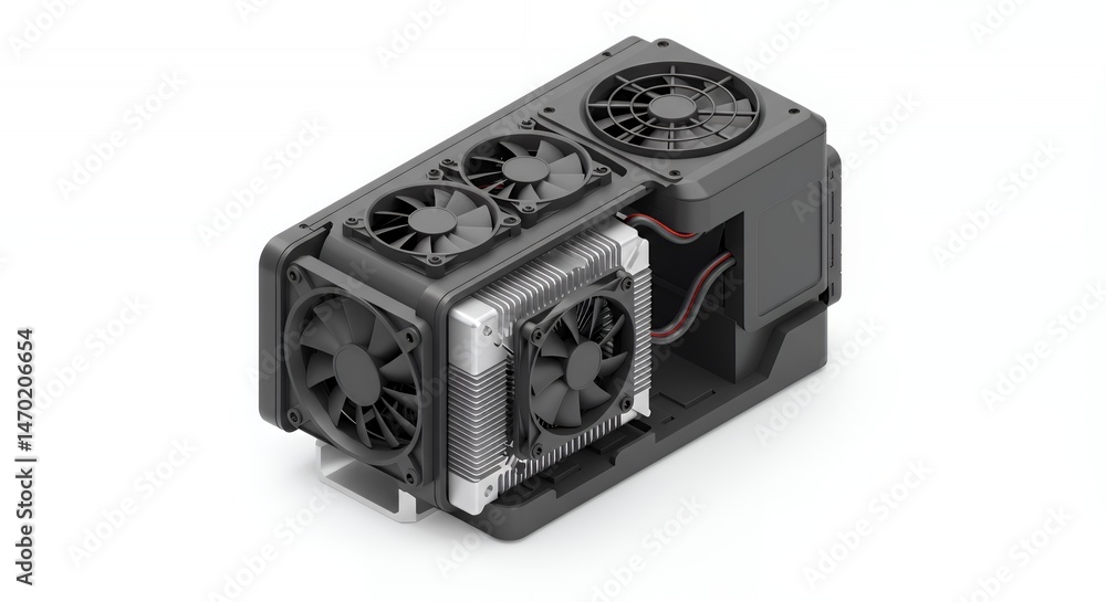 Poster detailed 3d isometric rendering of grey multi fan cooling system isolated on a white background opti