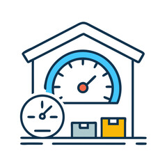 Performance Gauge with Warehouse Icon – Inventory and Efficiency Measurement Symbol