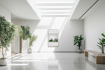 All-white space with smart art screen displaying evolving poster under skylight