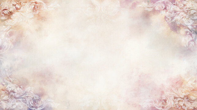 Soft pastel arabesque background with faded ornamental motifs, light beige and pink tones, watercolor texture, vintage elegance, decorative frame for text placement
