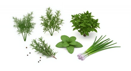 Fresh Herbs Isometric 3D Rendering on White Background Featuring Rosemary Mint and Chives for Culinary or Decorative Use